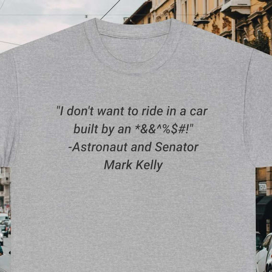 Mark Kelly on Why He Sold His Tesla on a grey tee