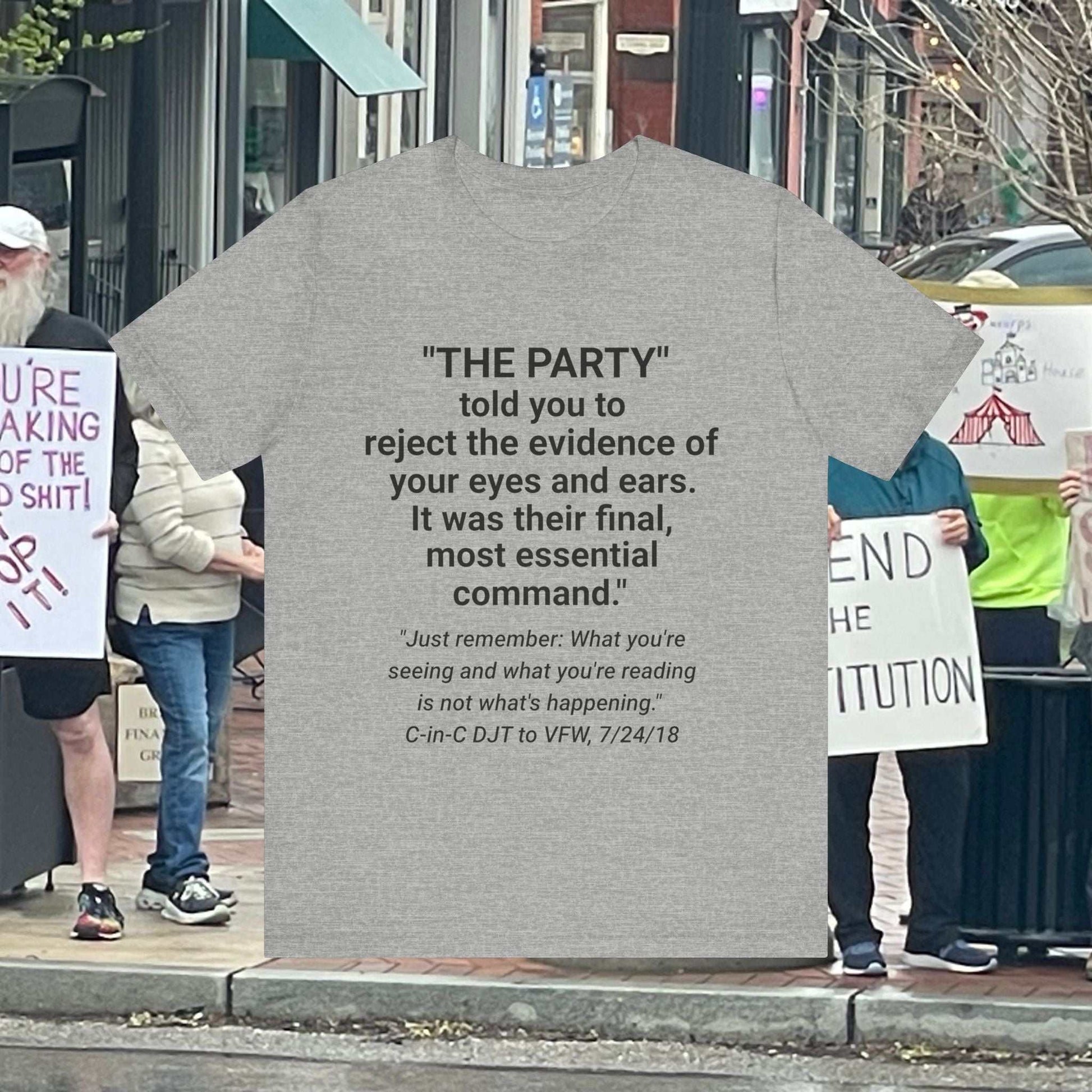Orwell and Trump quotes on a unisex jersey short sleeve tee in light grey