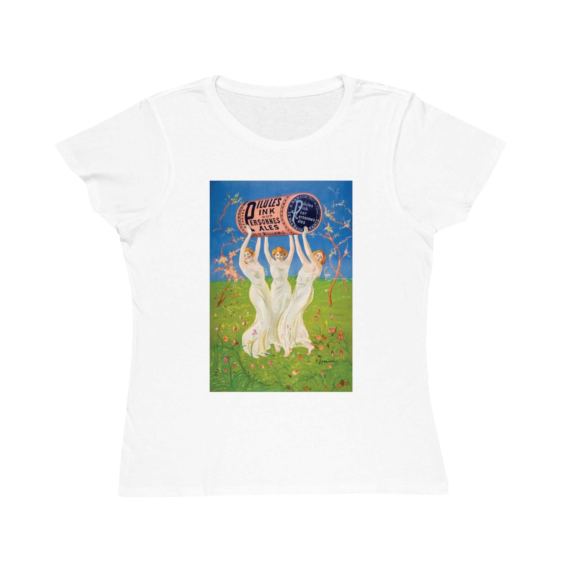 Women's Pills Vintage Ad. White t-shirt with vintage-style graphic of three women holding pill bottle ad sign.