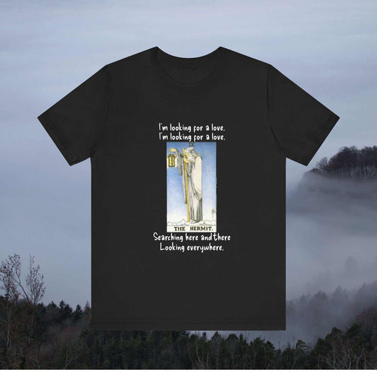 The Hermit Tarot with Text I'm Looking For A Love on a black tee