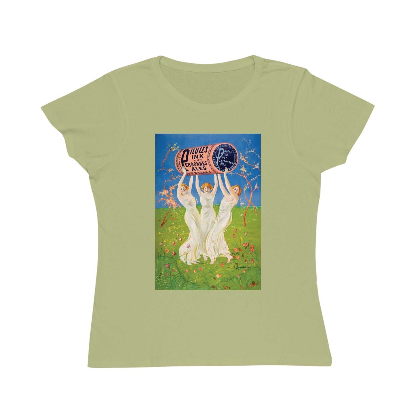 Women's Pills Vintage Ad. Wasabi colored t-shirt with vintage-style graphic of three women holding pill bottle ad sign.
