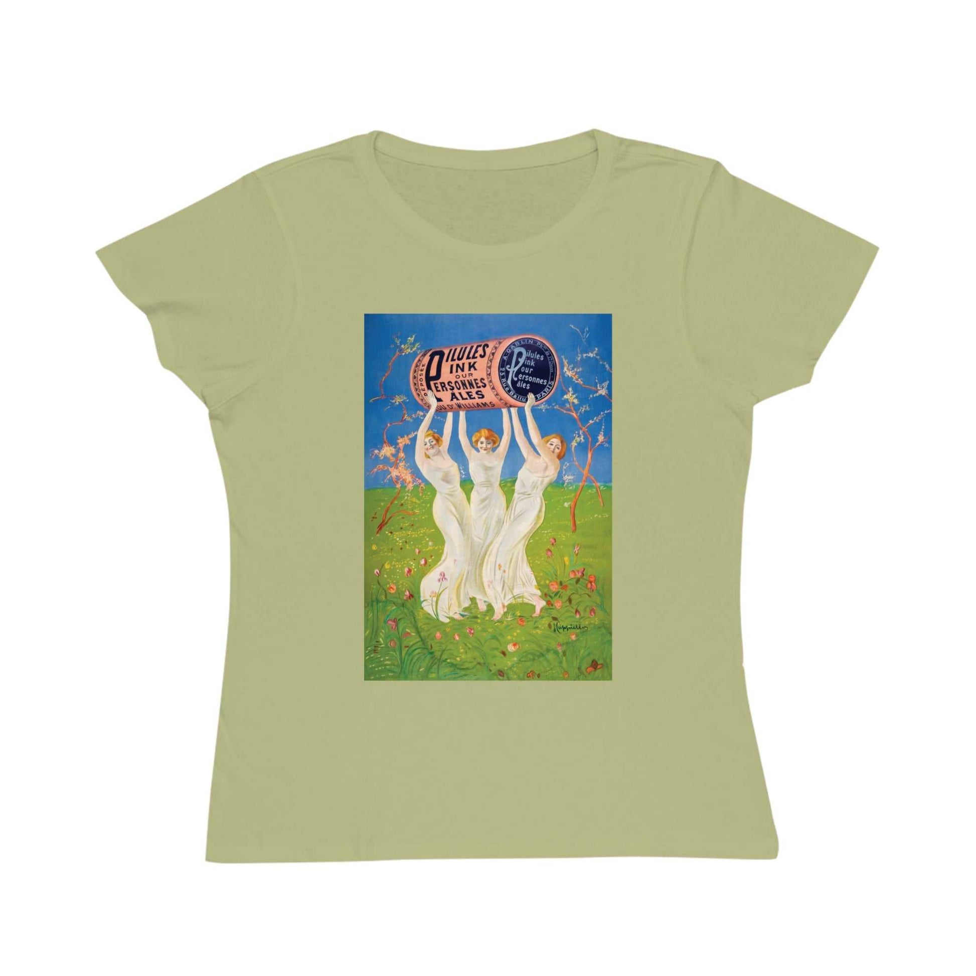 Women's Pills Vintage Ad. Wasabi colored t-shirt with vintage-style graphic of three women holding pill bottle ad sign.