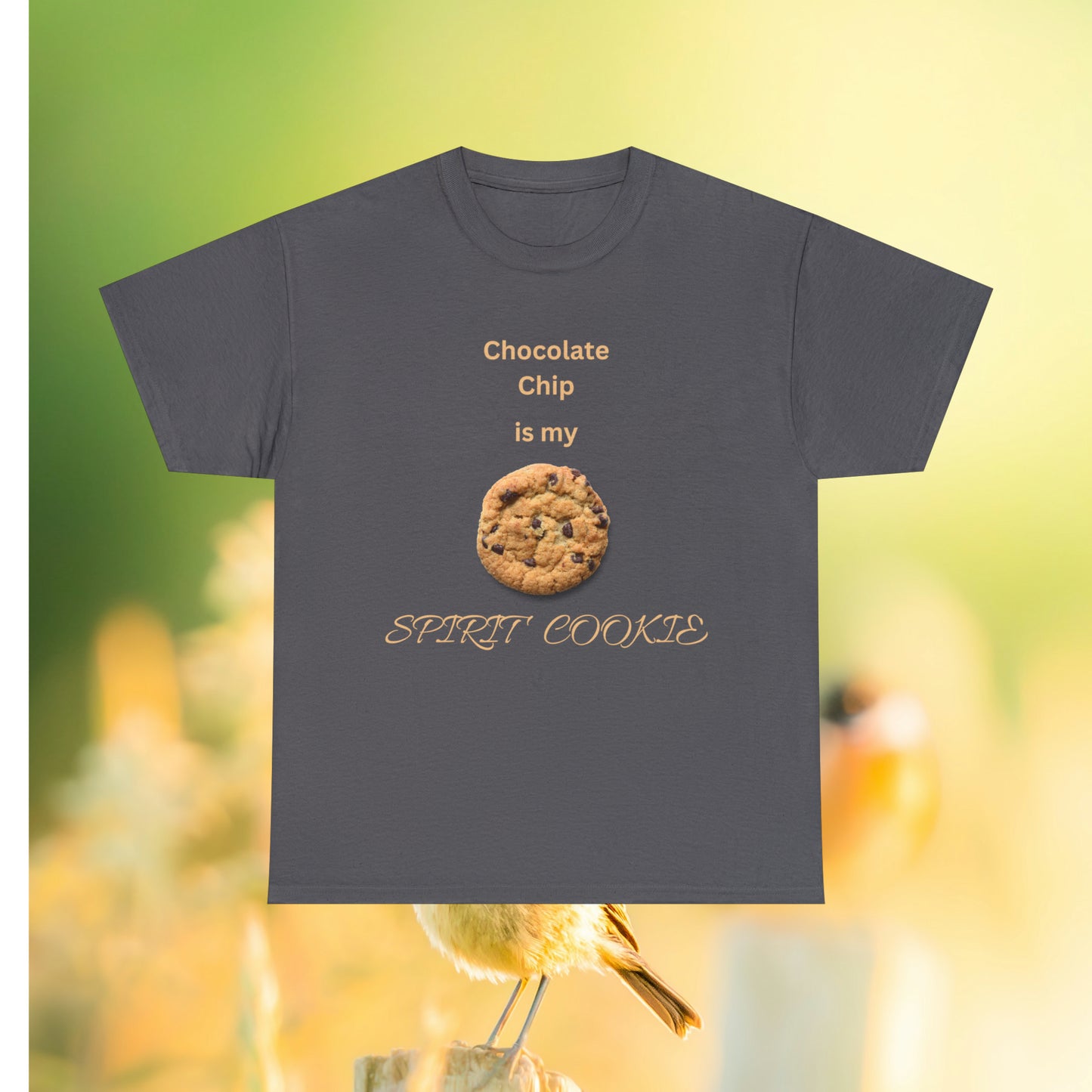 Grey tee with printed cookie and quote "Chocolate Chip is my Spirit Cookie"