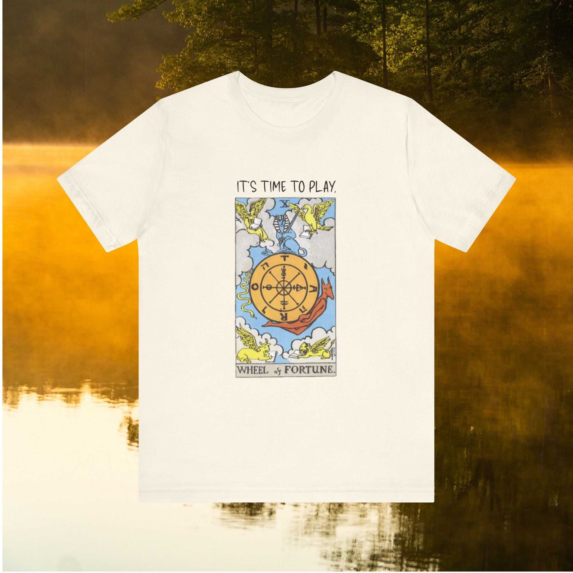 Wheel of Fortune tarot card w "It's Time To Play" text on a natural color tee