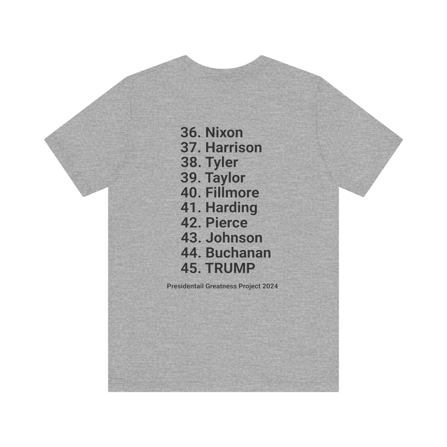 Gray tee listing 10 Worst Presidents from Nixon to Trump on back with black text, casual fit cotton shirt