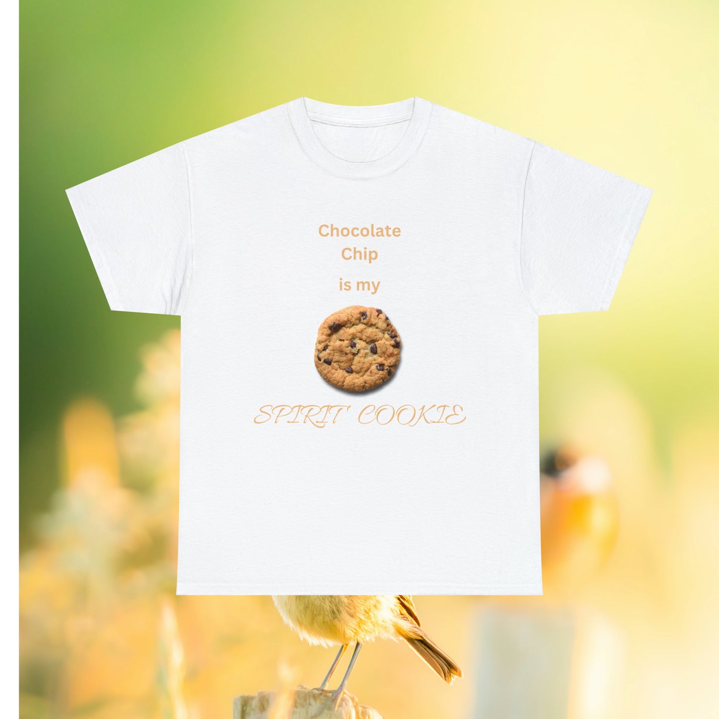 White tee with printed cookie and quote "Chocolate Chip is my Spirit Cookie"