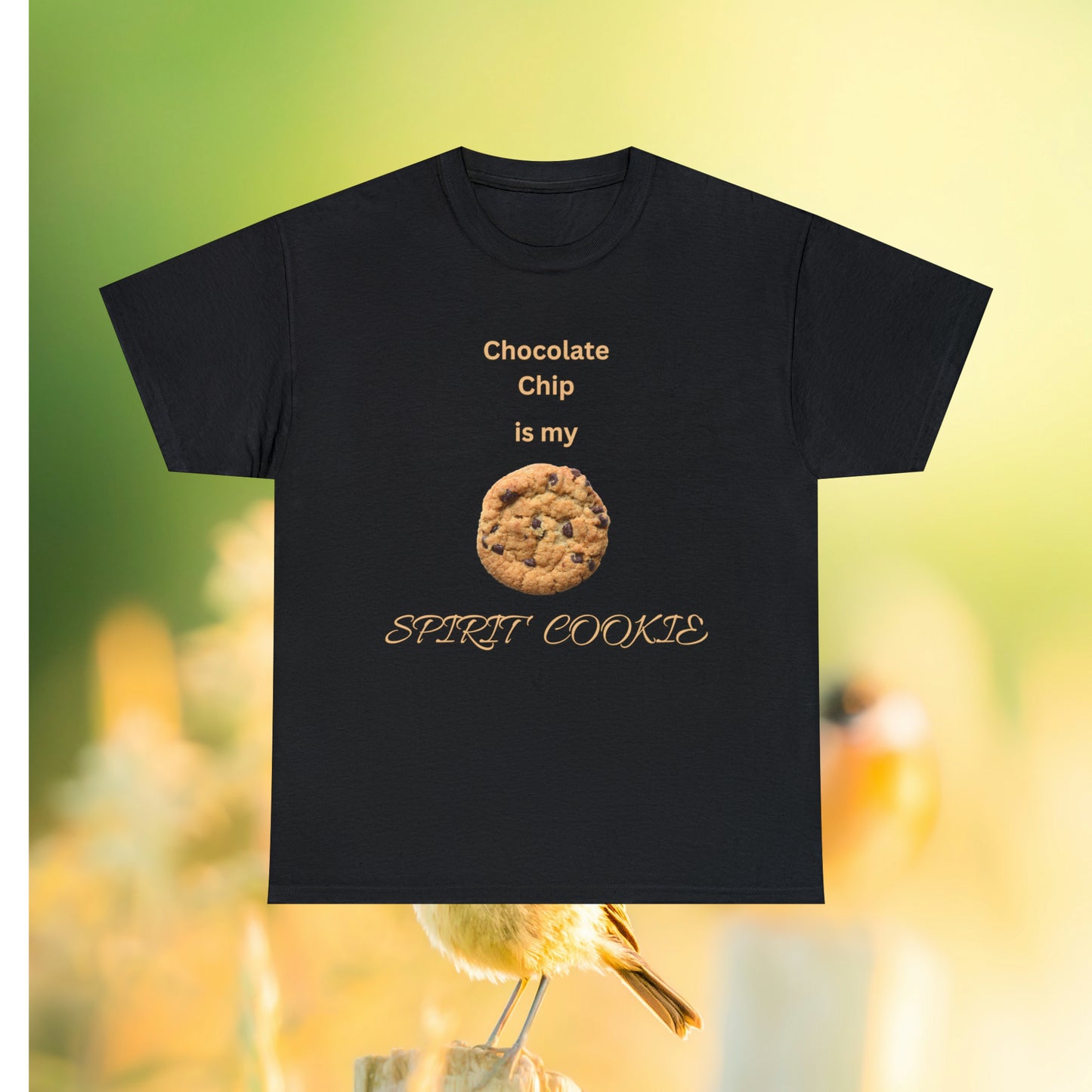 Black tee with printed cookie and quote "Chocolate Chip is my Spirit Cookie"