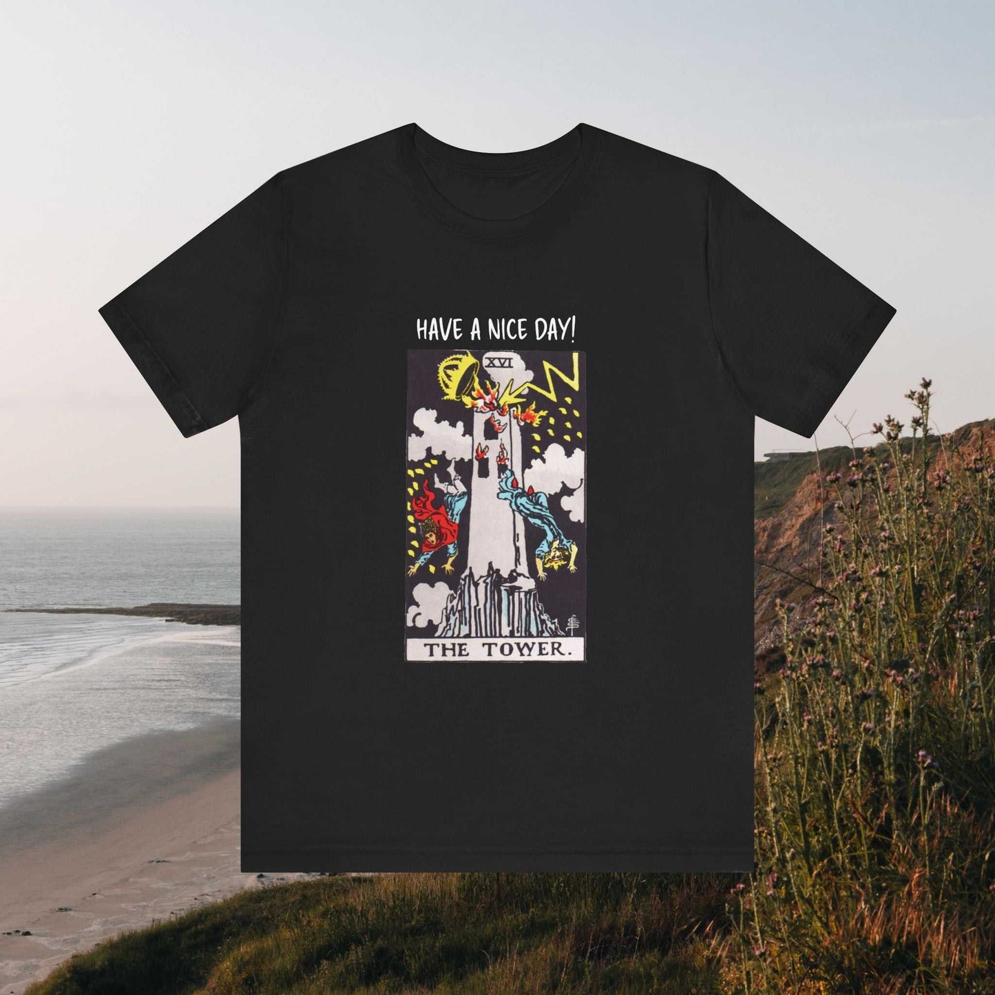 Have A Nice Day text above Tower Tarot card graphic on a black tee