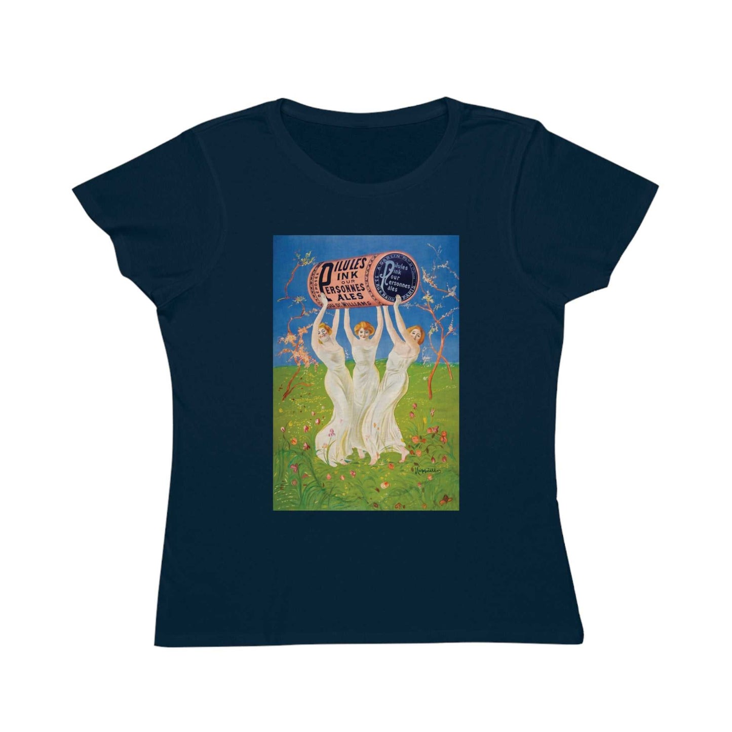 Women's Pills Vintage Ad. Navy t-shirt with vintage-style graphic of three women holding pill bottle ad sign.