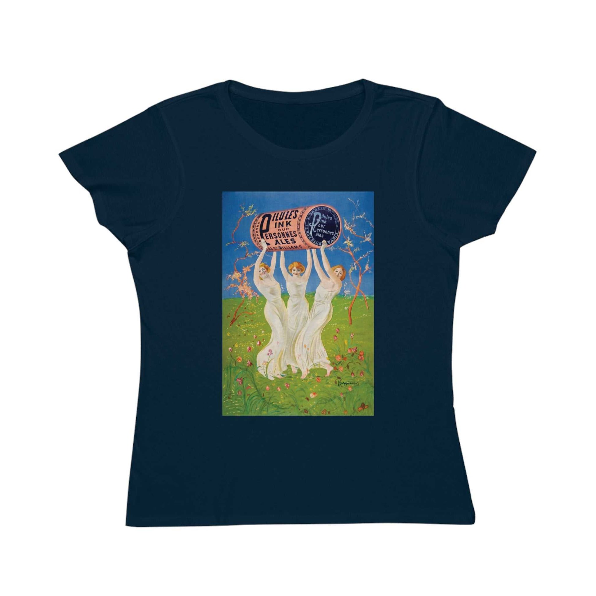 Women's Pills Vintage Ad. Navy t-shirt with vintage-style graphic of three women holding pill bottle ad sign.