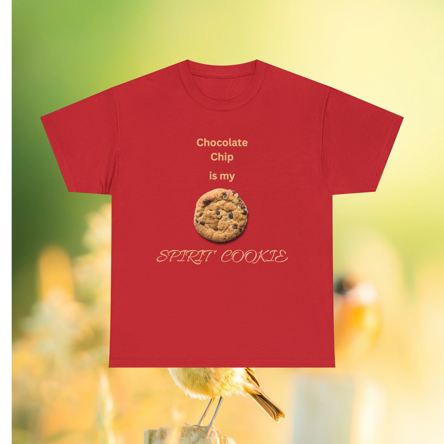 Red tee with printed cookie and quote "Chocolate Chip is my Spirit Cookie"
