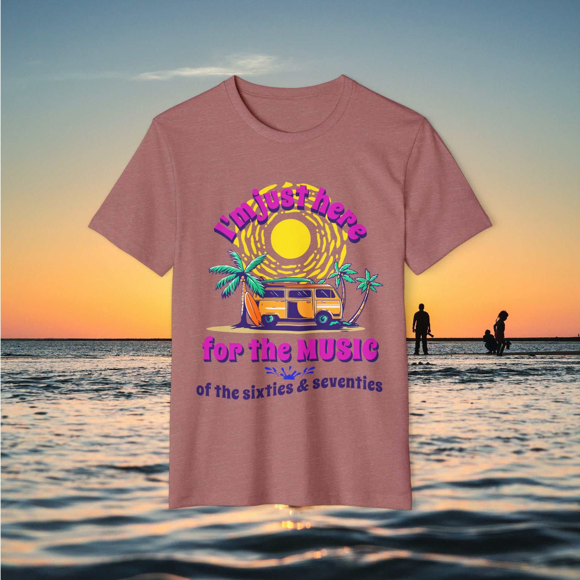 Mauve graphic tee with beach background