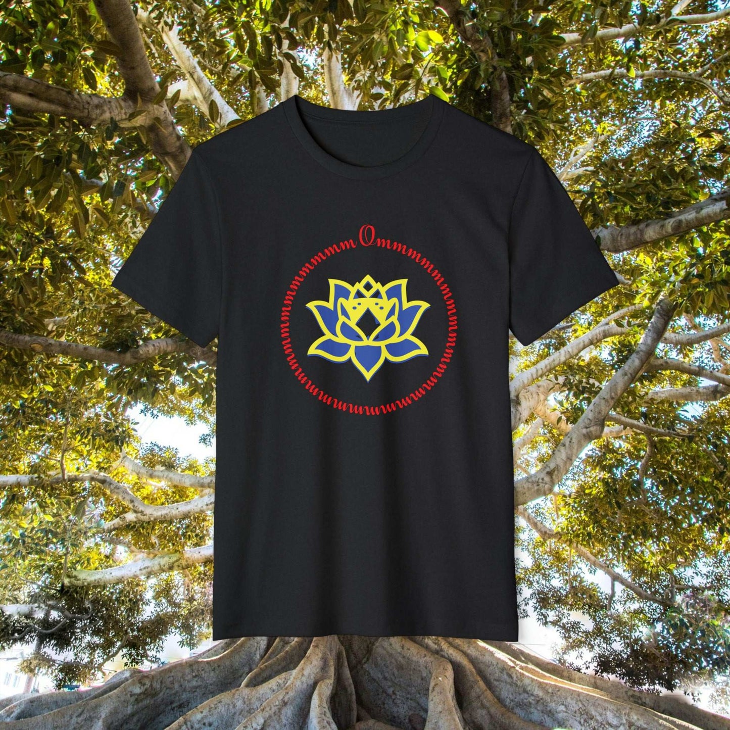 Om letters circling a blue lotus outlined in yellow, on a black tee