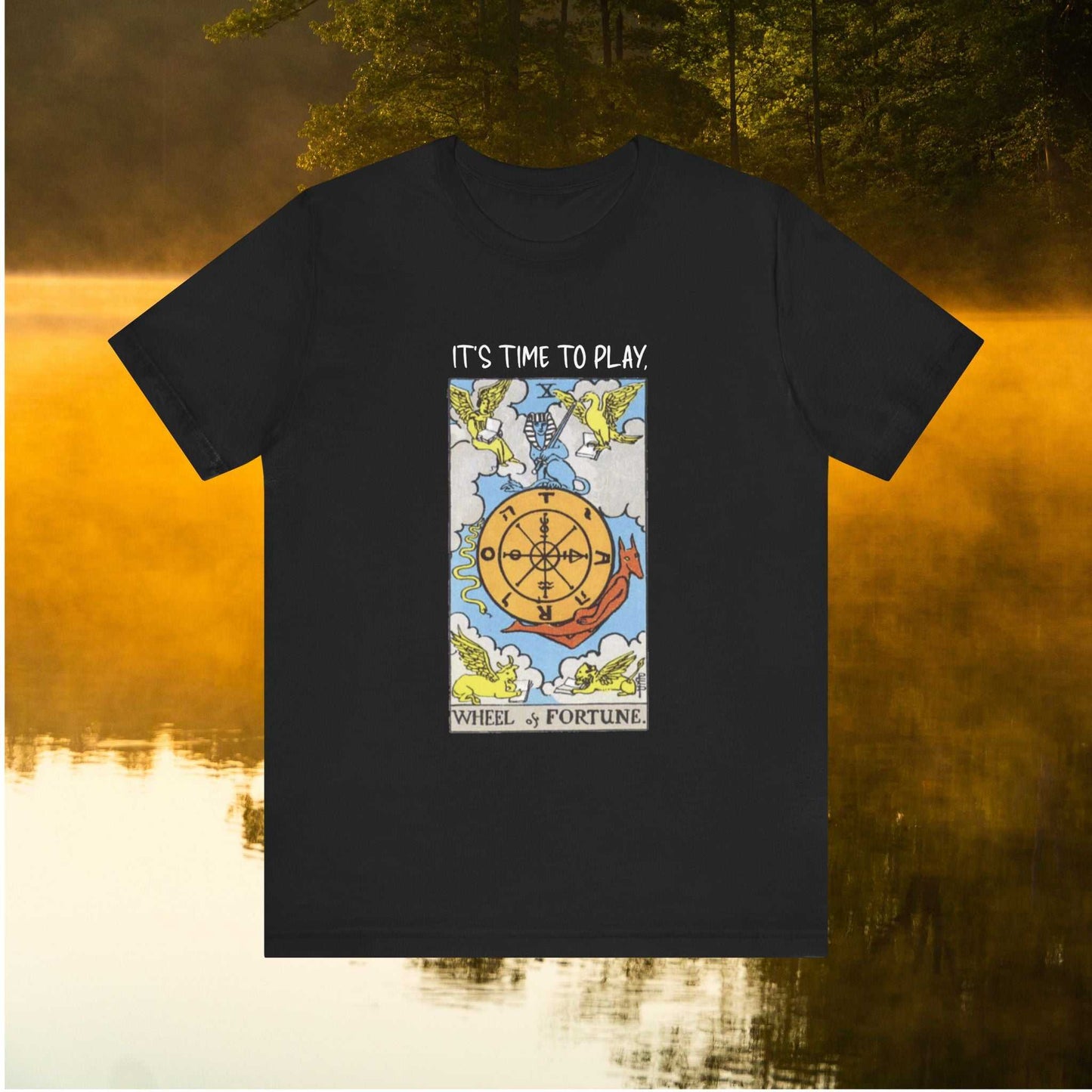 Wheel of Fortune tarot card w "It's Time To Play" text on a black tee