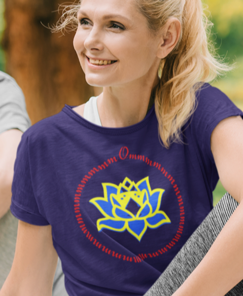 Om letters circling a blue lotus outlined in yellow, on a blue tee