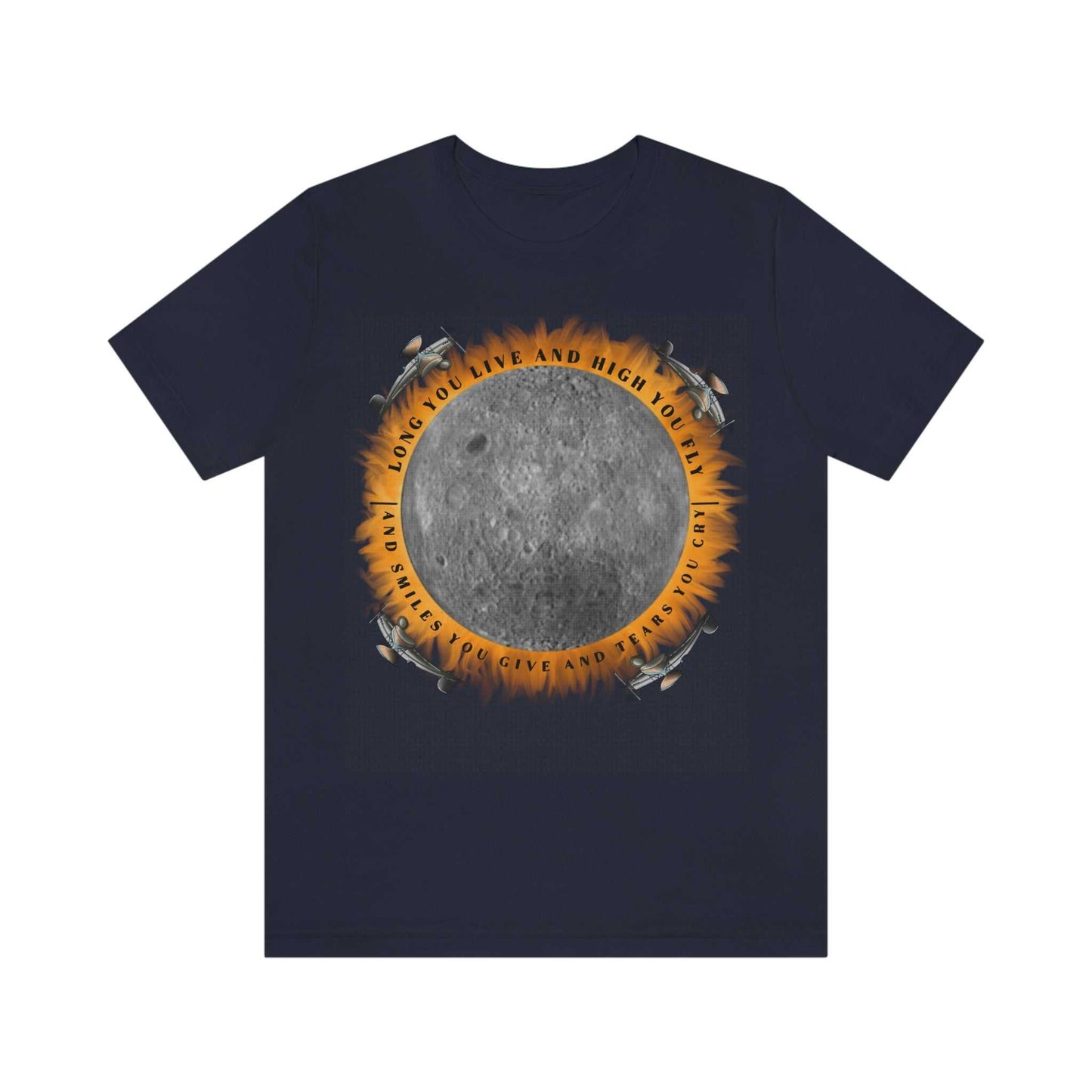 Navy tee with graphic "Eclipse, from the Dark Side of the Moon"