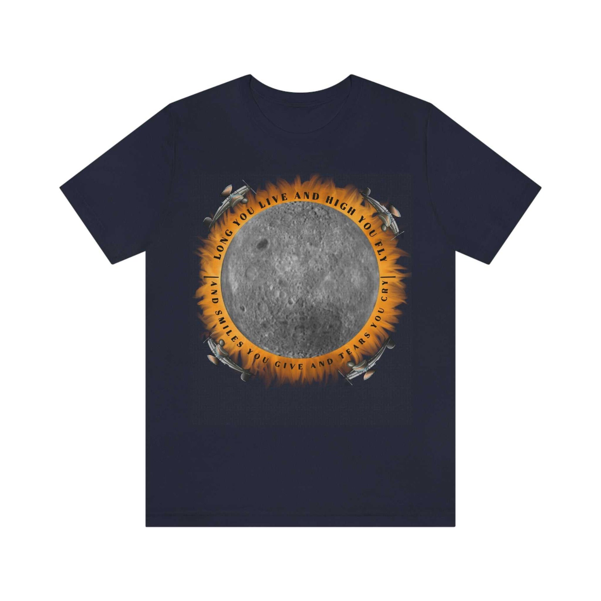 Navy tee with graphic "Eclipse, from the Dark Side of the Moon"