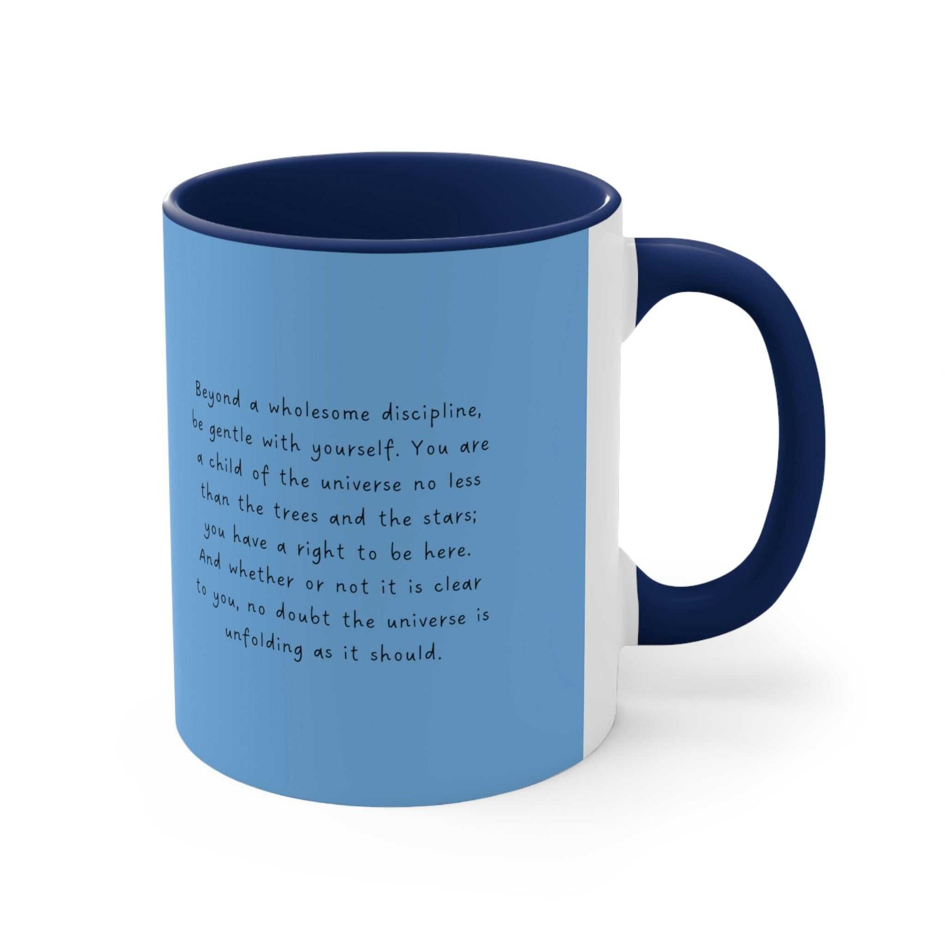 "Left profile of blue mug with quote "Desiderata, You are a Child of the Universe"
