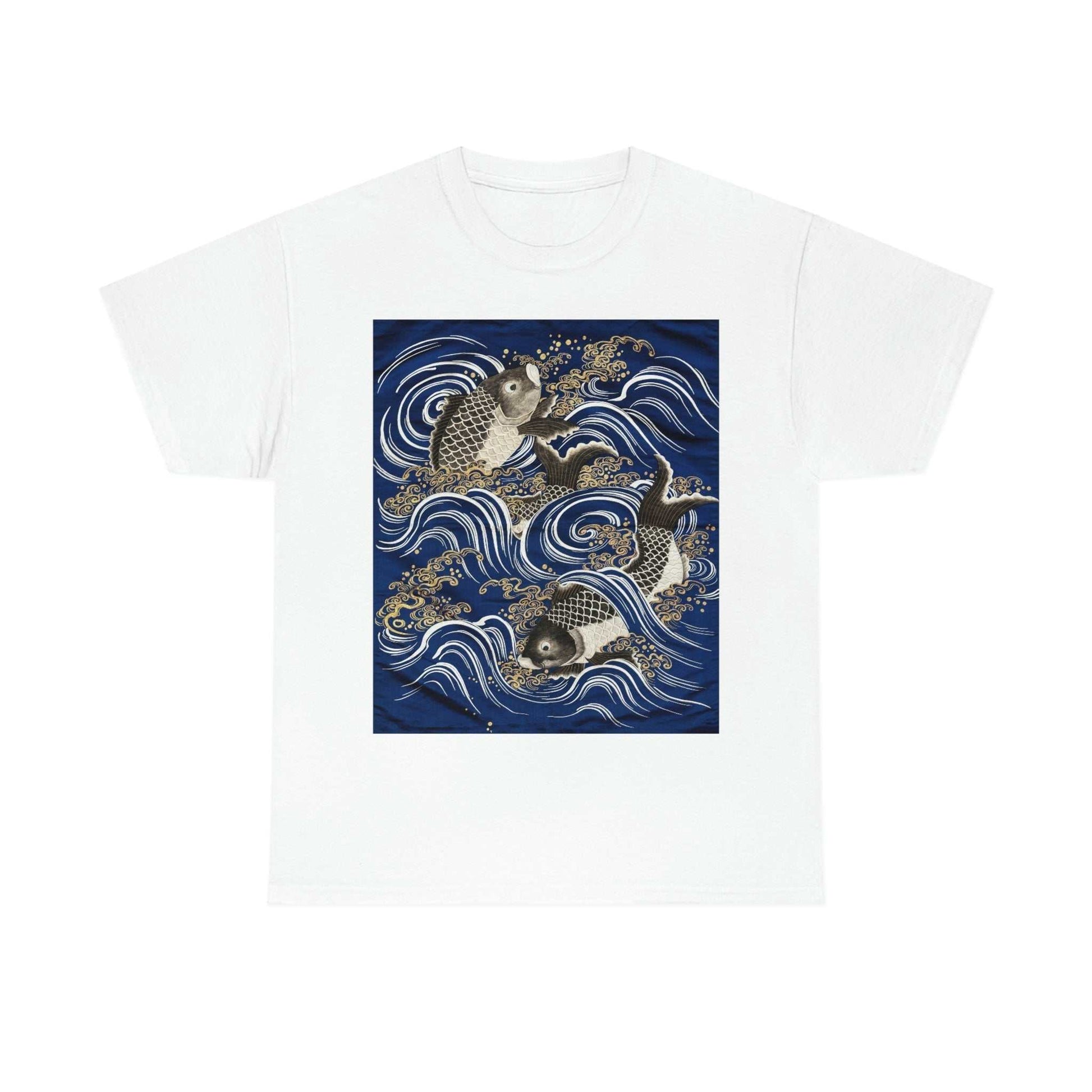 Carp jumping over the Dragon Gate White tee with  graphic