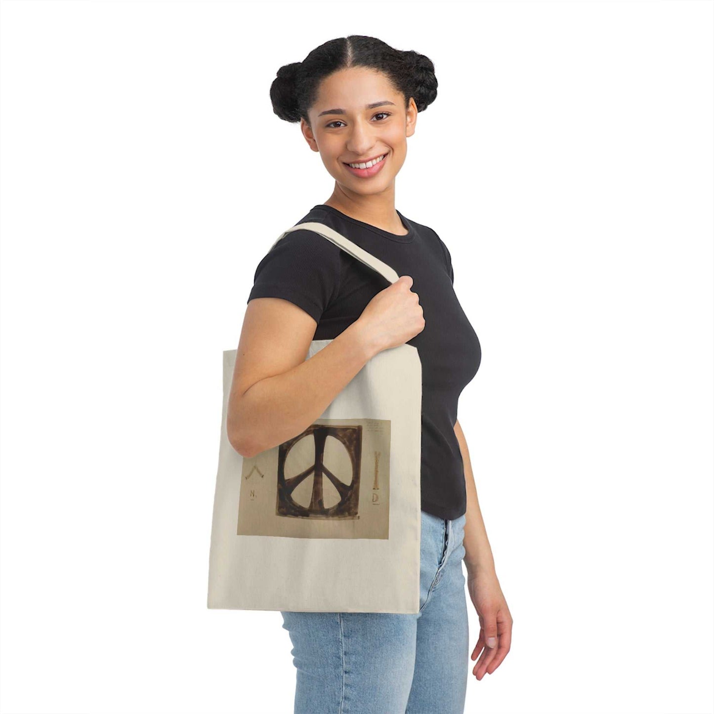"Peace Sign, original draft" by Holtom tote bag on shoulder