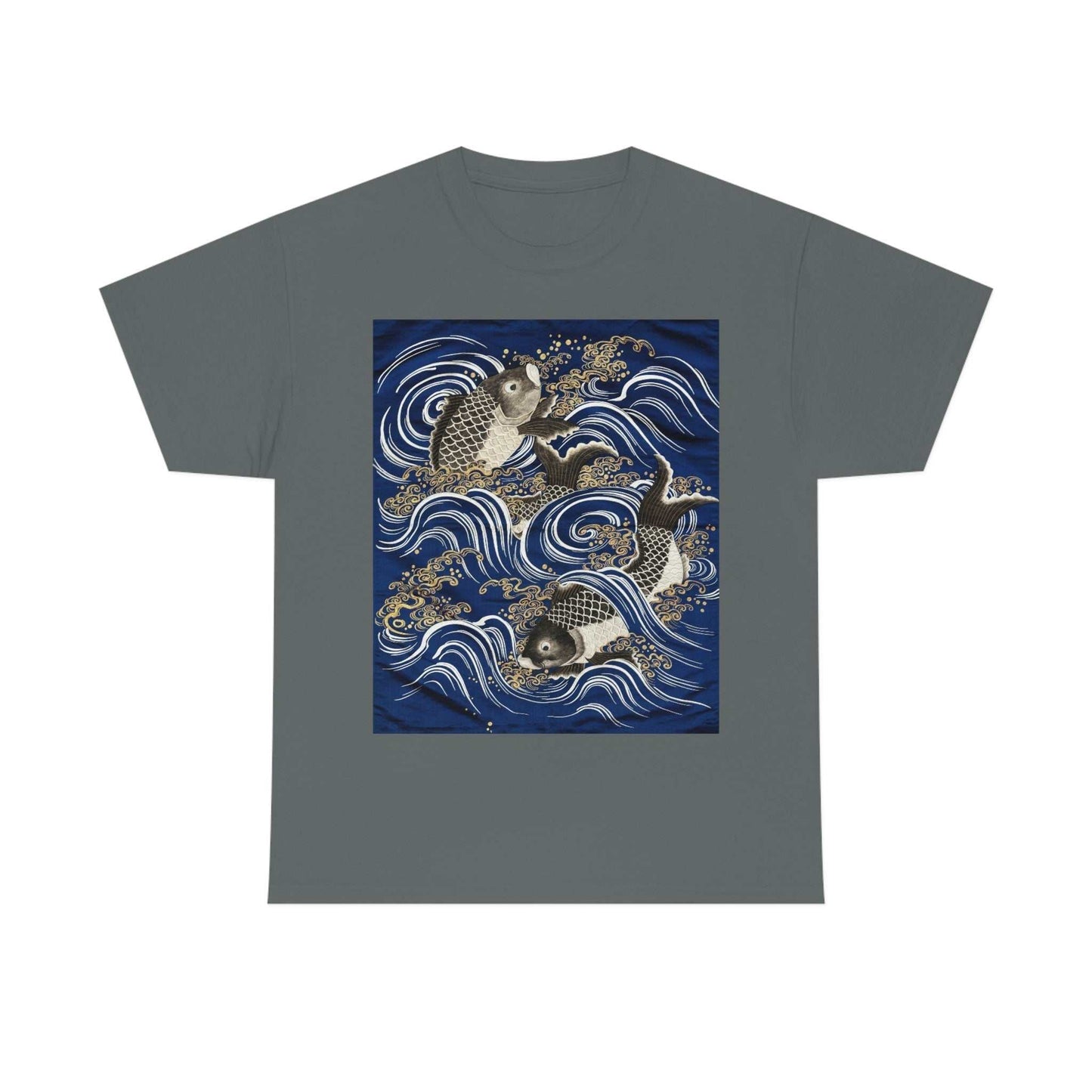 Carp jumping over the Dragon Gate Charcoal tee with graphic