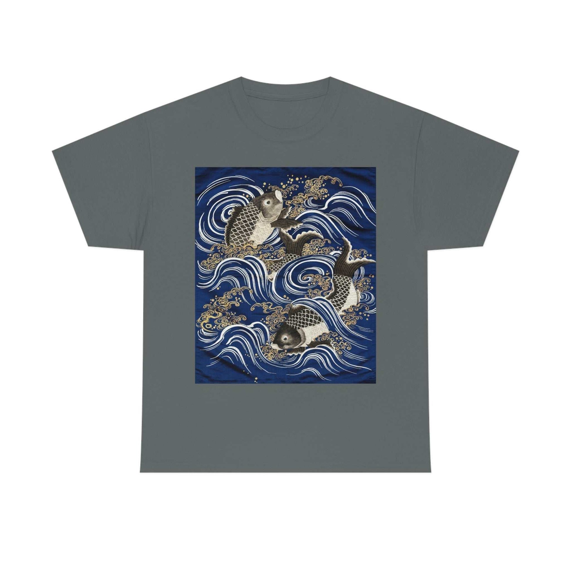 Carp jumping over the Dragon Gate Charcoal tee with graphic
