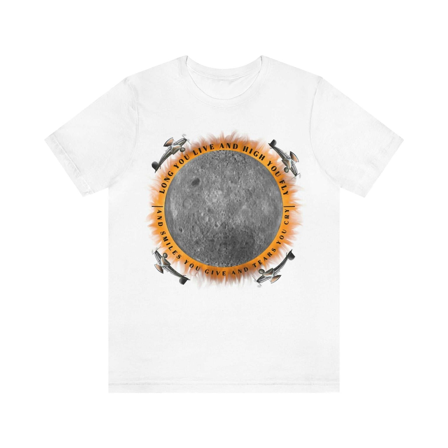 White tee with graphic, "Eclipse, from the Dark Side of the Moon"