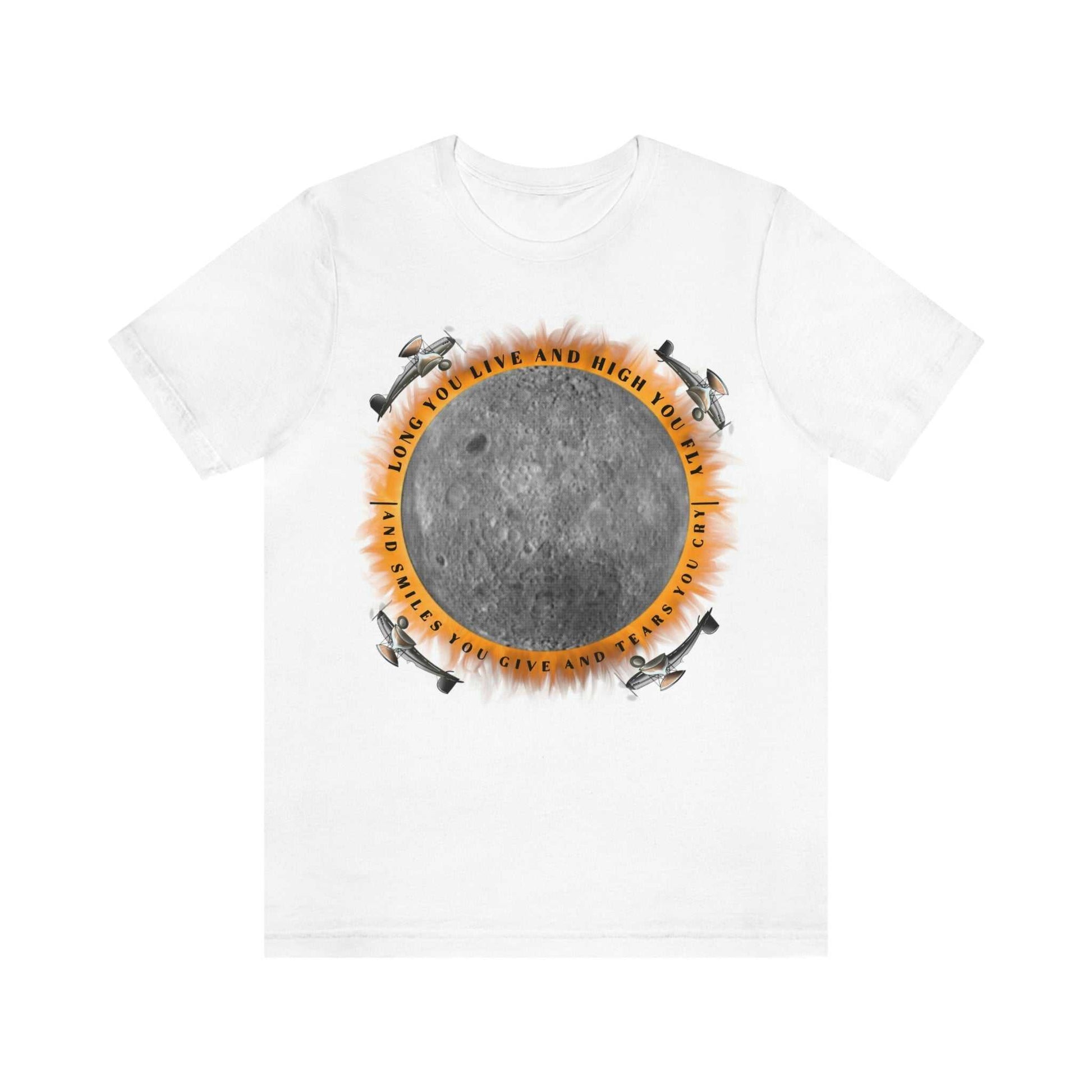 White tee with graphic, "Eclipse, from the Dark Side of the Moon"