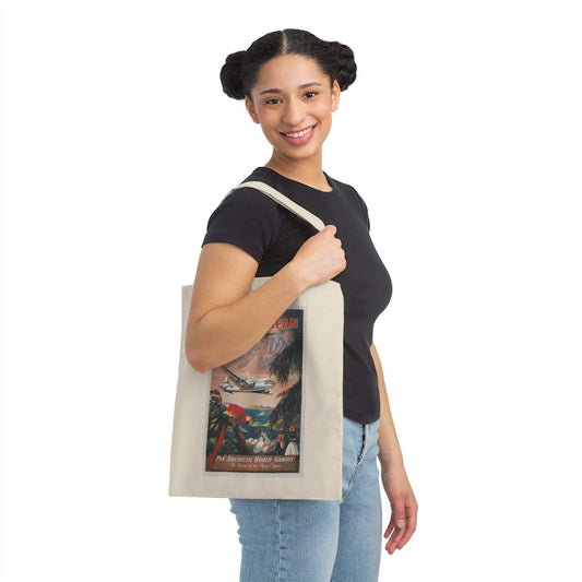 Fly to the Caribbean! Canvas Tote on girl's shoulder.