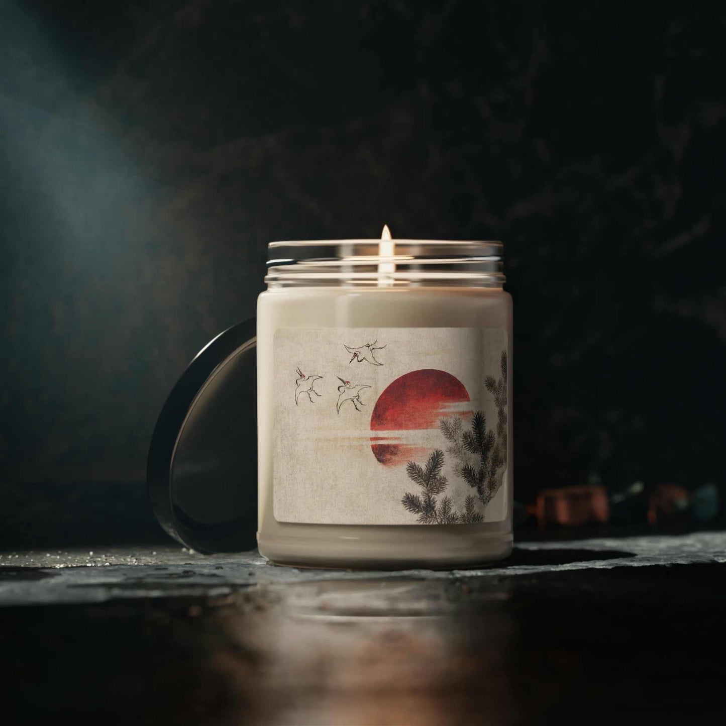Scented Soy Candle "Clean Cotton" jar with Hokusai print 'birds and sunset' on table with white LED chain