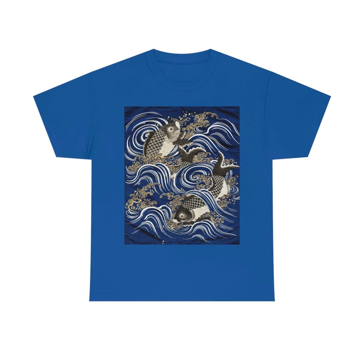 Carp jumping over the Dragon Gate Royal blue tee with graphic