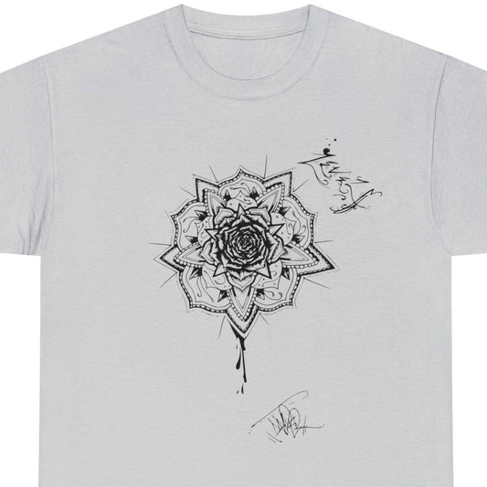 Pen and Ink #33 Rose Mandala Design by Julian D on an athletic t-shirt