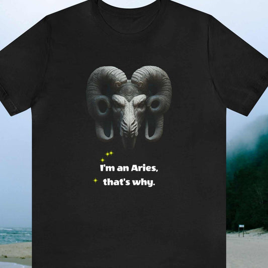 Aries Ram's double-horned head graphic on Black tee with graphic "I'm an Aries, that's why.",  beach background.