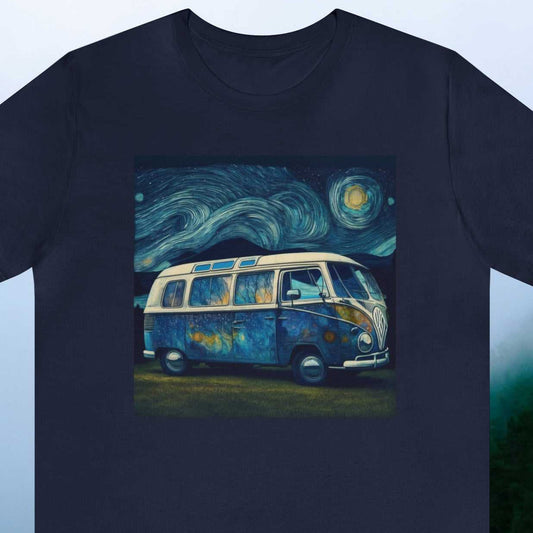 Van Gogh style painted van under Starry Night sky graphic on a Navy Tee