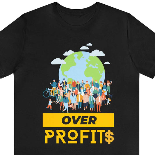 People Over Profits text with graphic of planet and crowd of people, on a black tee.