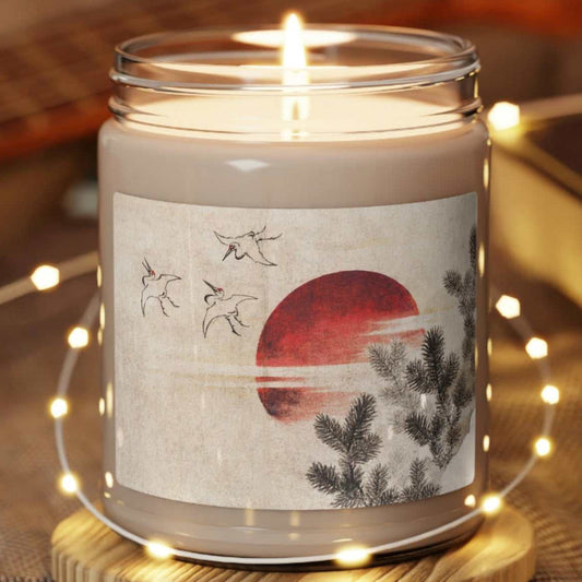 Scented Soy Candle  "Clean Cotton" jar with Hokusai print 'birds and sunset' on table with white LED chain